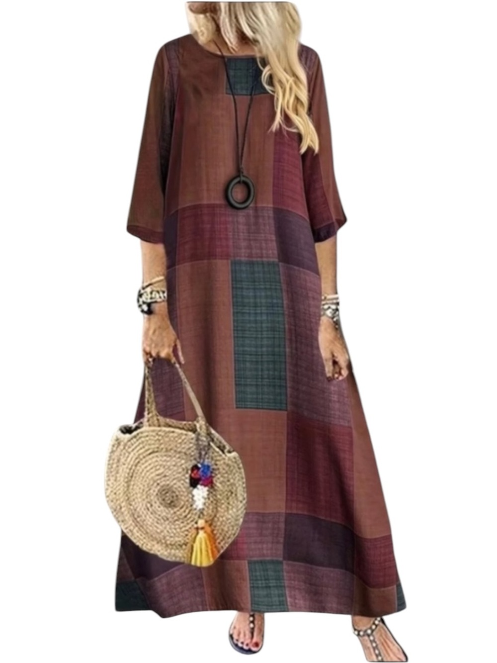 Boutique Patchwork Print Maxi Dress Burgundy Multi Boho Shift 3/4 Sleeve M NWOT